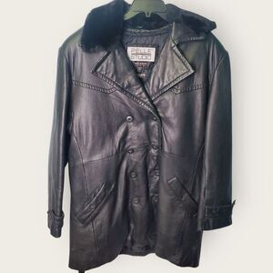 Vintage Pelle Studio Wilsons Black Leather Coat Faux Fur Collar Size XL